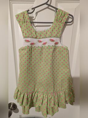 The Bailey Boys - Girl's Green Polka Dot Jumper Dress with Pink Dots Size 4